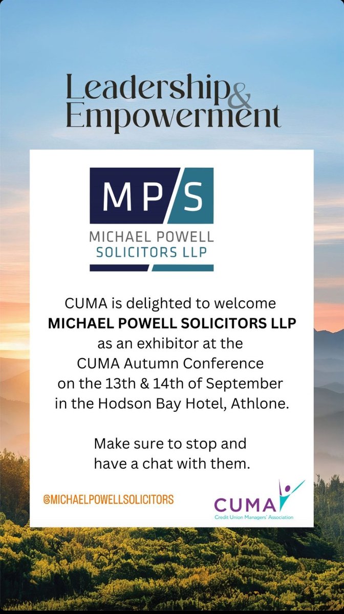 MPowellSolrs's tweet photo. We are very excited to be attending the CUMA Autumn Conference. 

Make sure to pop over to us for all your queries✔️

#CUMA #ClientEngagement #MichaelPowellSolicitors #Exhibitors #ClientSatisfaction #CorkSolicitors #IrishLaw #LegalExperts #YourLocalLawyer #CreditUnionLaw https://t.co/seCJC5RPH0