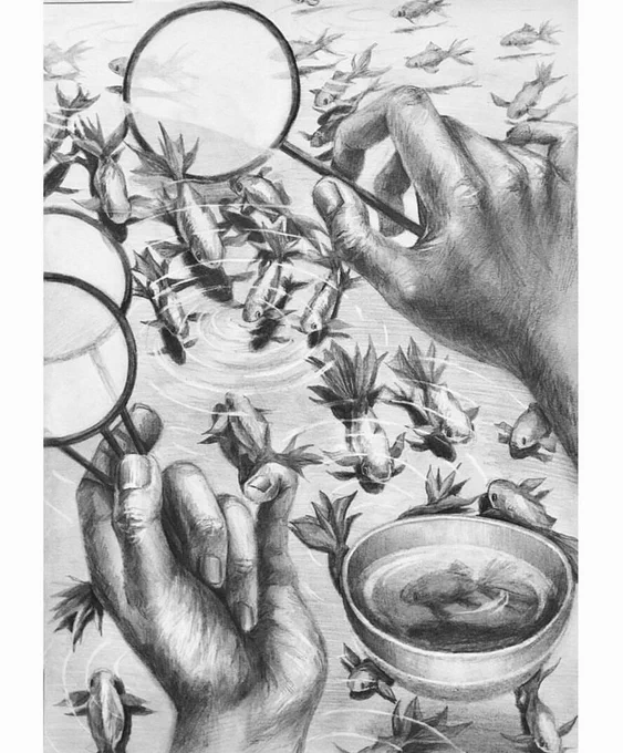 「金魚をすくう両手」を想定して描きなさいという課題で、高3の夏に予備校で描いたデッサンです。
今見るとかなり描写が拙いのですが、当時はどうしたら自分より技術のある浪人生が沢山いる環境で、同じ土俵で戦えるのかを意識してました。
この時は単純に誰よりも沢山金魚を描くことに集中しました。 