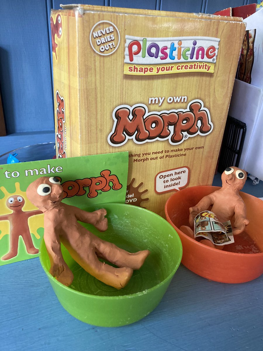 BellyDG's tweet photo. @MorphLDN After a 30yr period at the back of a family cupboard daughter Emilia (6) &amp; son George (3) have each modelled their own Mini Morphs (closing following a young Peter Lord’s DVDtuition) EAGERLY awaiting our trip down to London from Leeds to do the Morph Trail! #retro #fun https://t.co/IwSedBhPC5
