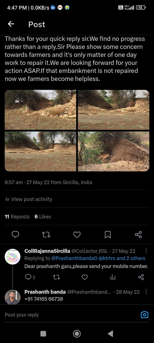 Prashanthbanda0's tweet photo. @Collector_RSL @ktrtrs @KTRoffice @TelanganaCMO Respected Sir, for over 2 years, we've sought help from @Collector_RSL. Our crops' irrigation depends on repairing the embankment. Your swift attention is vital for our livelihoods. 🙏 @KTRBRS @KTRoffice https://t.co/CGN6yBaXCu