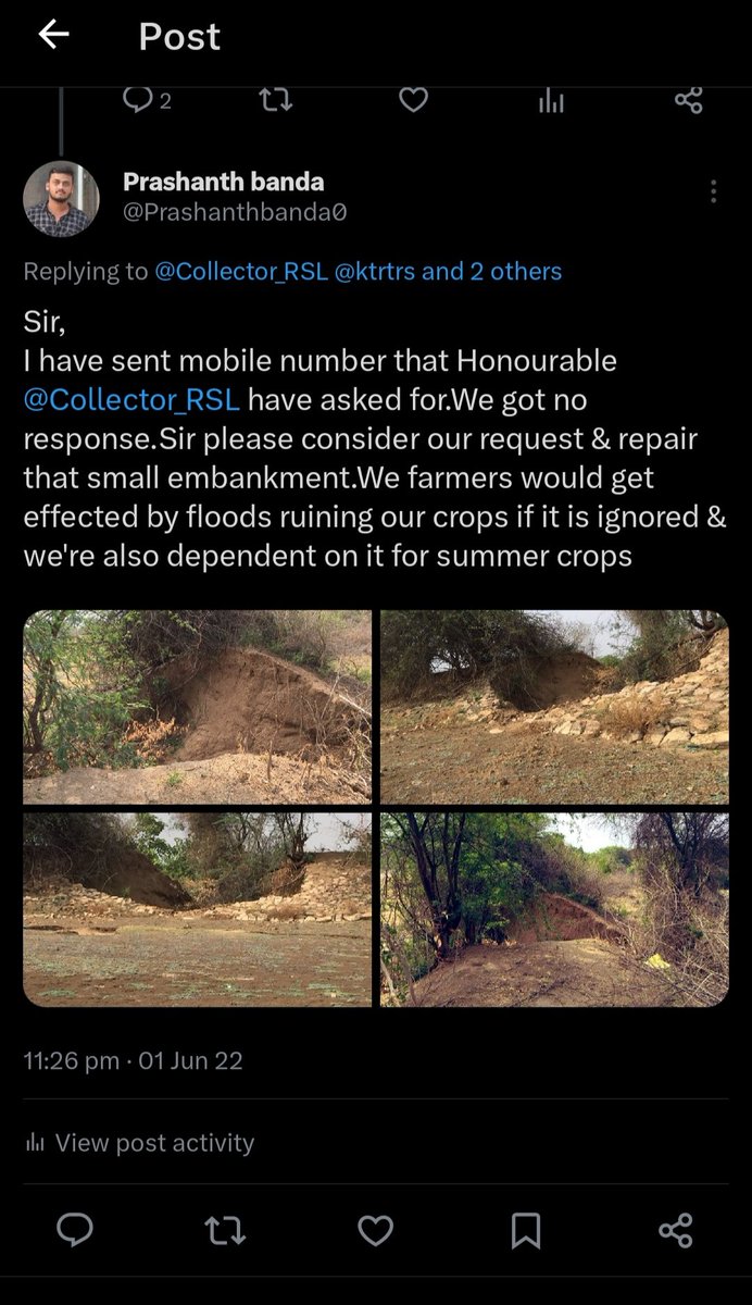 Prashanthbanda0's tweet photo. @Collector_RSL @ktrtrs @KTRoffice @TelanganaCMO Respected Sir, for over 2 years, we've sought help from @Collector_RSL. Our crops' irrigation depends on repairing the embankment. Your swift attention is vital for our livelihoods. 🙏 @KTRBRS @KTRoffice https://t.co/CGN6yBaXCu