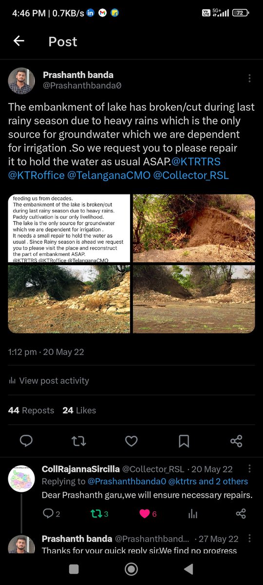 Prashanthbanda0's tweet photo. @Collector_RSL @ktrtrs @KTRoffice @TelanganaCMO Respected Sir, for over 2 years, we've sought help from @Collector_RSL. Our crops' irrigation depends on repairing the embankment. Your swift attention is vital for our livelihoods. 🙏 @KTRBRS @KTRoffice https://t.co/CGN6yBaXCu