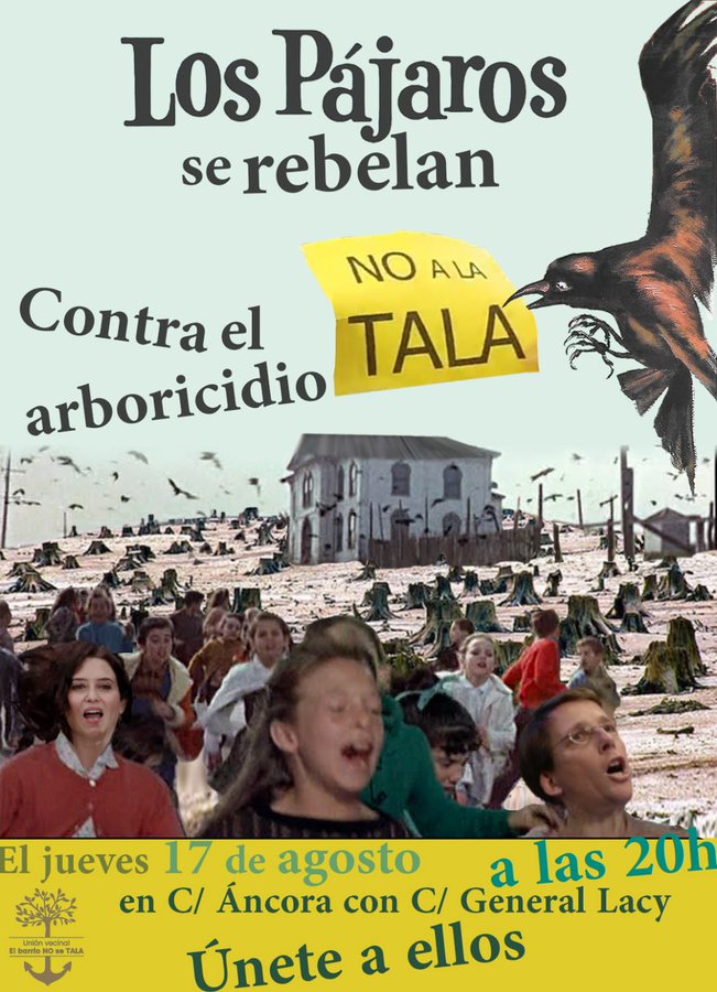 Gran Piada en Arganzuela Los pájaros de Madrid se rebelan contra el arboricidio que les deja sin sus casas ¡Únete a ellos¡ #NoALaTala vecinas de #Arganzuela y #Madrid Jueves 17 agosto #ÁncoraNoseTala #MetroSíPeroNoAsí #YoDefiendoEsteÁrbol #SalvemosNuestrosParques