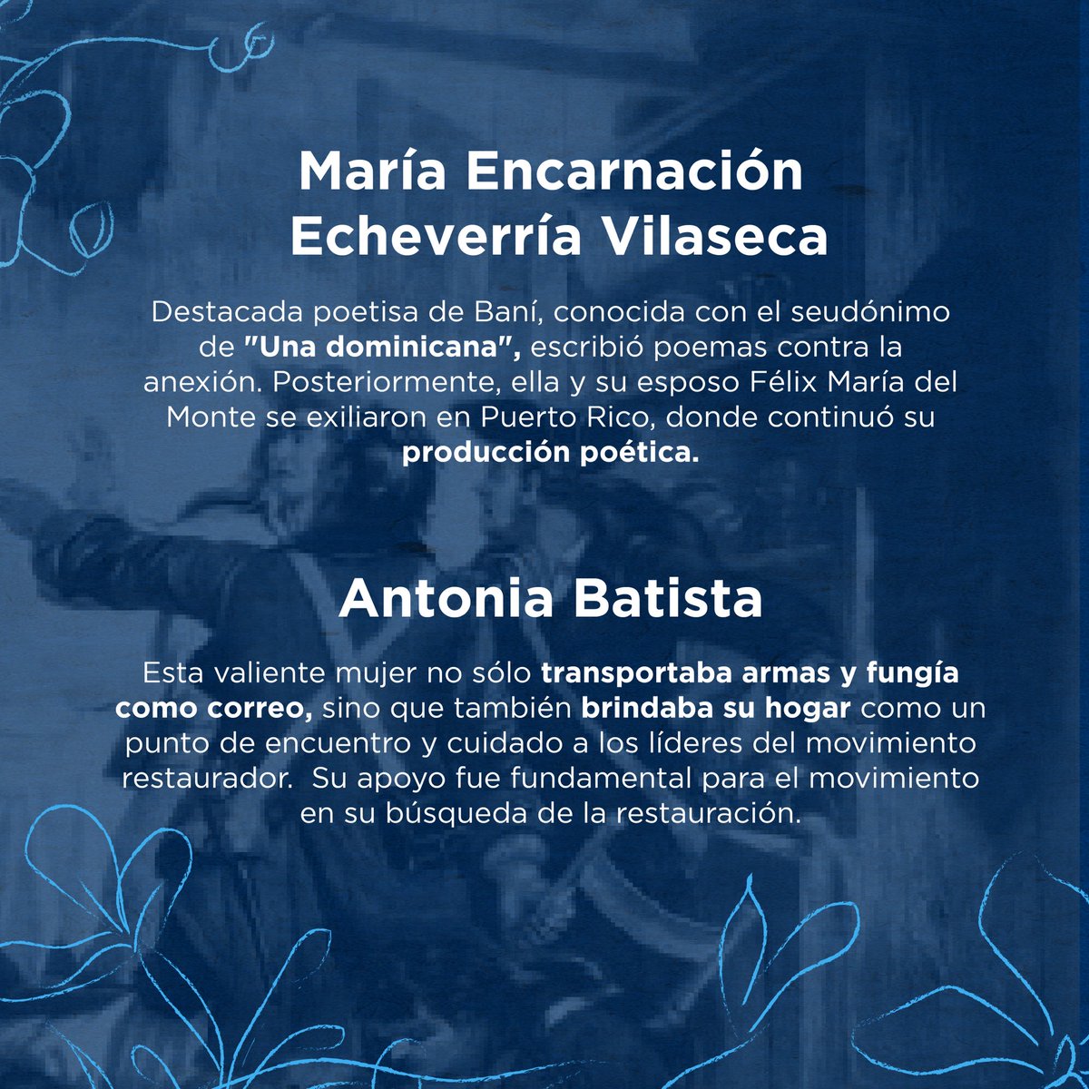 raquelarbaje's tweet photo. El 16 de agosto del 1863, el Grito de Capotillo dará inició a la Guerra de la Restauración liderada por el general Gregorio Luperón para recuperar la soberanía perdida por la anexión de la República Dominicana a España, retornándola a su condición de colonia. 

Durante los dos años que duró la lucha por la soberanía, fueron muchas las mujeres que, de distinta manera, se incorporaron al movimiento restaurador, dando ejemplo de compromiso patriótico y valentía.

Hoy, cuando se cumple el 160 aniversario del Grito de Capotillo, recuperamos los nombres de algunas de ellas en homenaje a todas las mujeres que han contribuido a través del tiempo con la lucha por la liberad del pueblo dominicano.