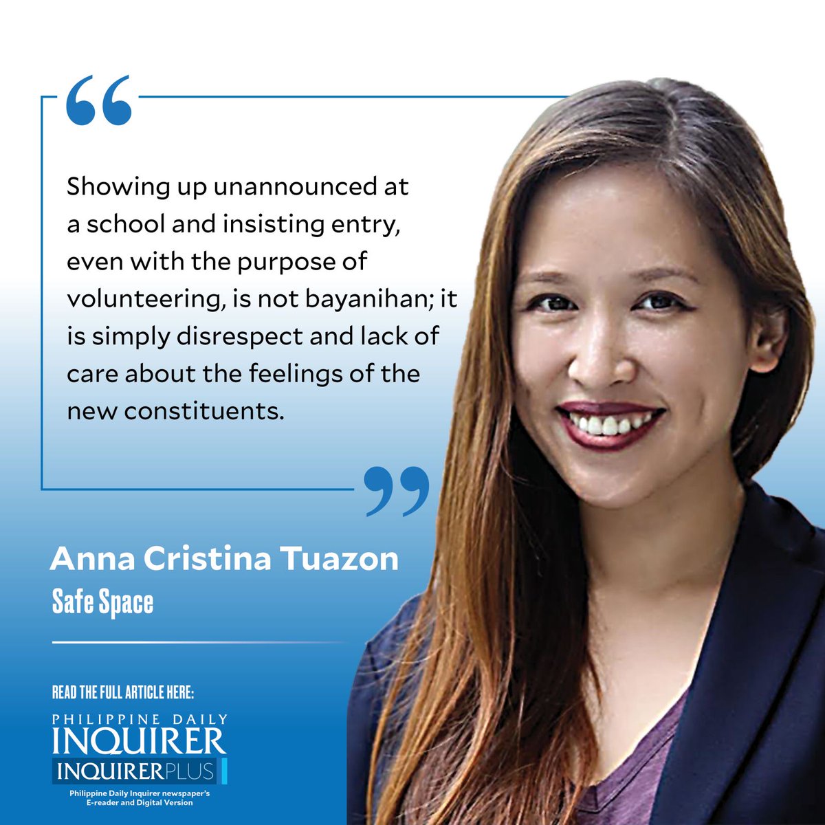 Today's #SafeSpace by Anna Cristina Tuazon (Aug. 17, 2023).  Visit opinion.inquirer.net for fearless views and more.  Get the Inquirer here: fb.com/inqplus