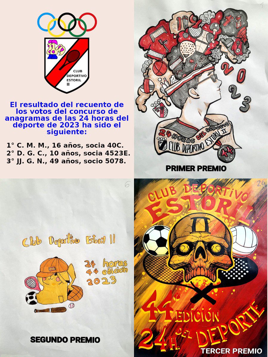 ClubDepEstoril2's tweet photo. El resultado del recuento de los votos del concurso de anagramas de las 24 horas del deporte de 2023 ha sido el siguiente:

1° C. M. M., 16 años, socia 40C.
2° D. G. C., 10 años, socia 4523E.
3° JJ. G. N., 49 años, socio 5078. https://t.co/8mTiRf6eWt