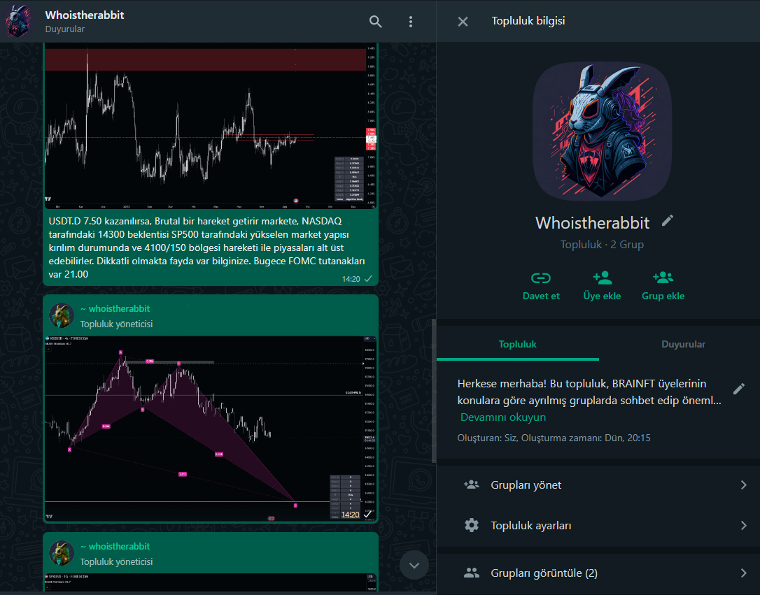whoistherabbitt's tweet photo. Whatsapp Topluluk özelliği pek iyi oldu. ) #brainft holderları discord üzerindeki, whatsapp linkinden katılabilirler. Bilginize :) #us500 #nasdaq #dxy #Bitcoin https://t.co/zRQlDT9Wzb