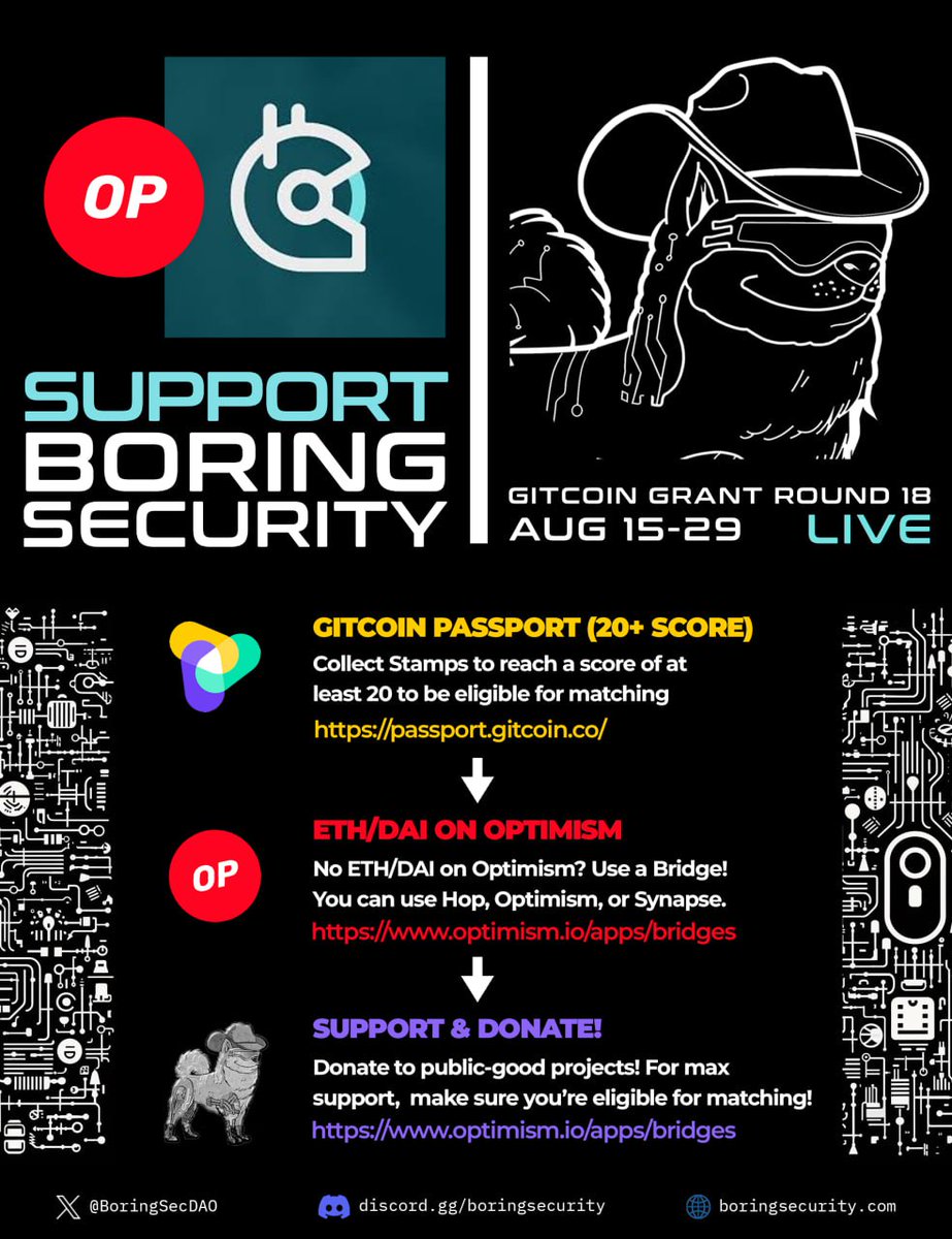💸 WE'RE LIVE ON GITCOIN GRANT ROUND 18 💸

Boring Security is on a mission to BE the answer to the question "Where can I go to get high quality web3 security information and education for free?"

If you've gotten value from Boring Security, consider donating! Learn how below👇