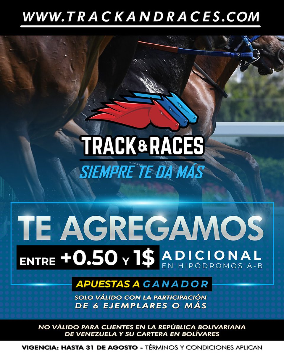 track_races's tweet photo. Te ofrecemos una escala de dividendos extra entre 0.50 a 1$ sobre el dividendo oficial jugadas a ganador.💸🎁
Apuesta en los hipódromos A y B. 🏇🏇
Visita https://t.co/LHJsL6eeiJ aplican términos y condiciones.
No válido para clientes en Vzla🇻🇪
#Trackpromo #Promos #Apuesta https://t.co/1MDE9KuGO7
