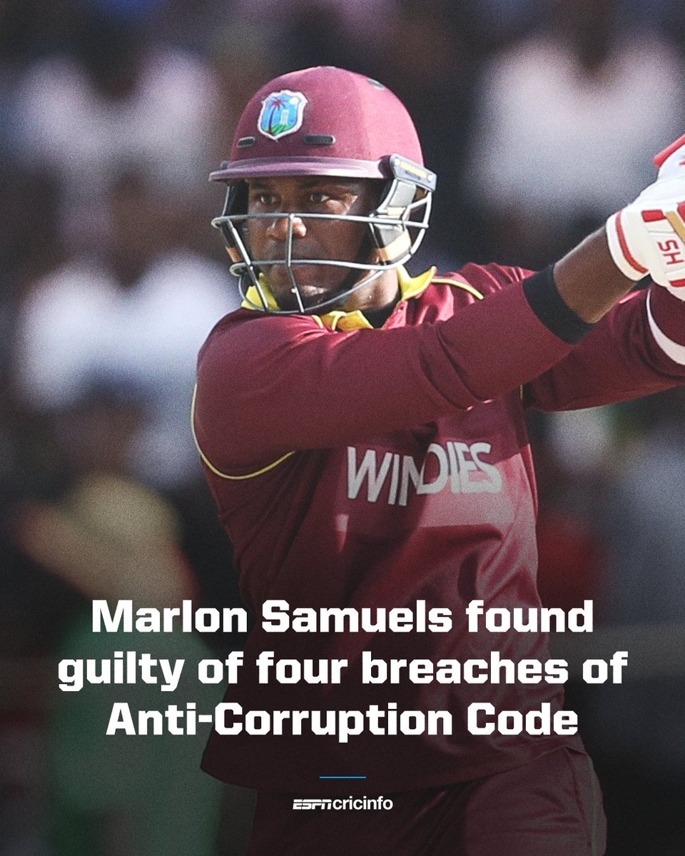JUST IN: Former West Indies batter Marlon Samuels has been found guilty of four breaches of the Emirates Cricket Board's anti-corruption code during the Abu Dhabi T10 in 2019