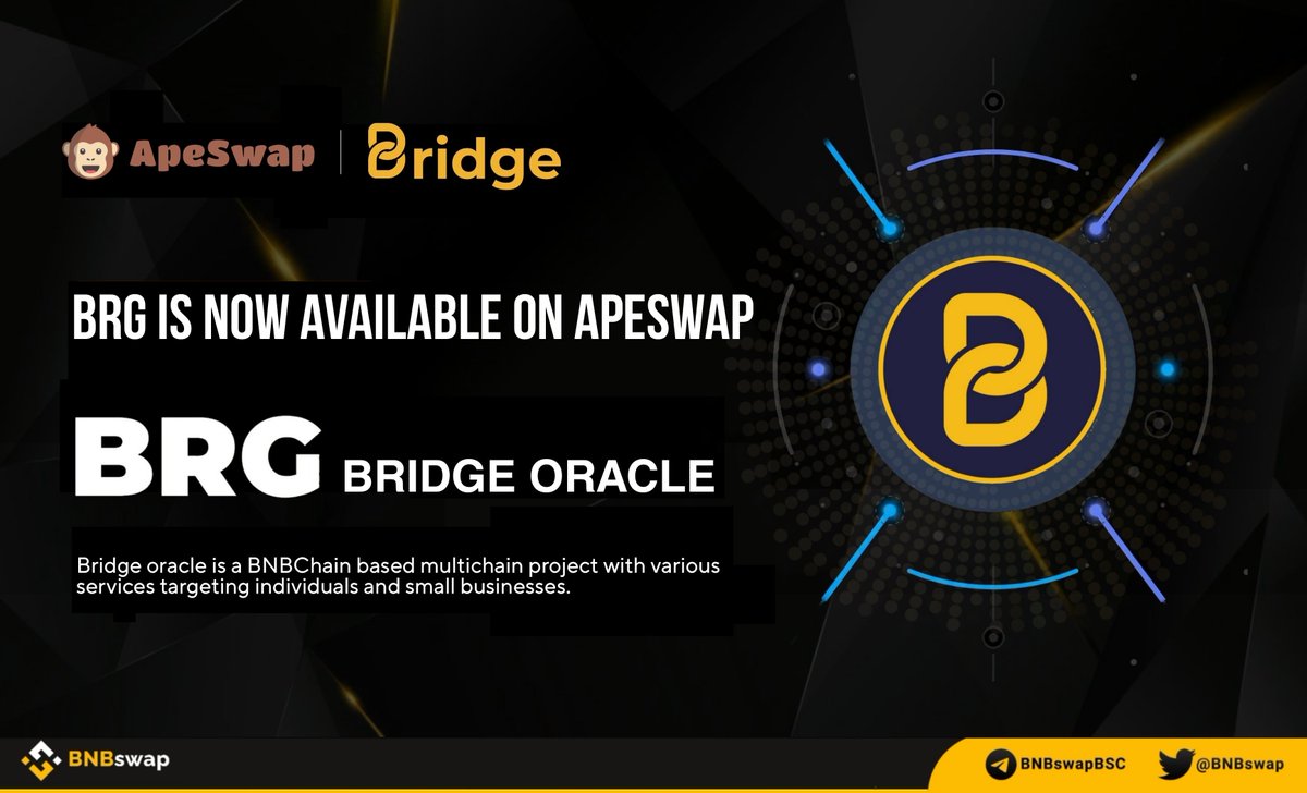 BNBSwap's tweet photo. 📢 @bridge_oracle is now available on @ape_swap!

Bridge oracle is a #BNBChain based #multichain project with various services targeting individuals and small businesses.

#Crypto #BridgeOracle #Web3 #BNBchain $BNB #BSC #Apeswap https://t.co/g1vOADq5V6
