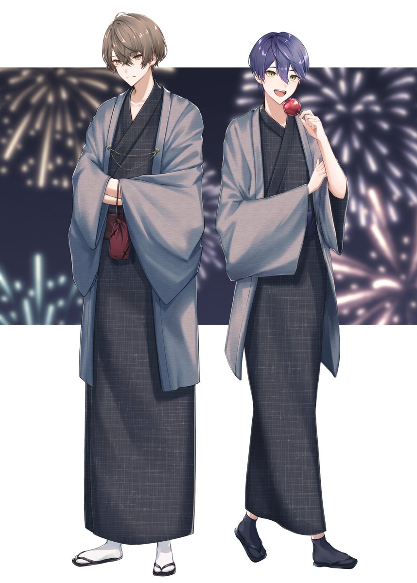 multiple boys 2boys japanese clothes fireworks kimono male focus food  illustration images