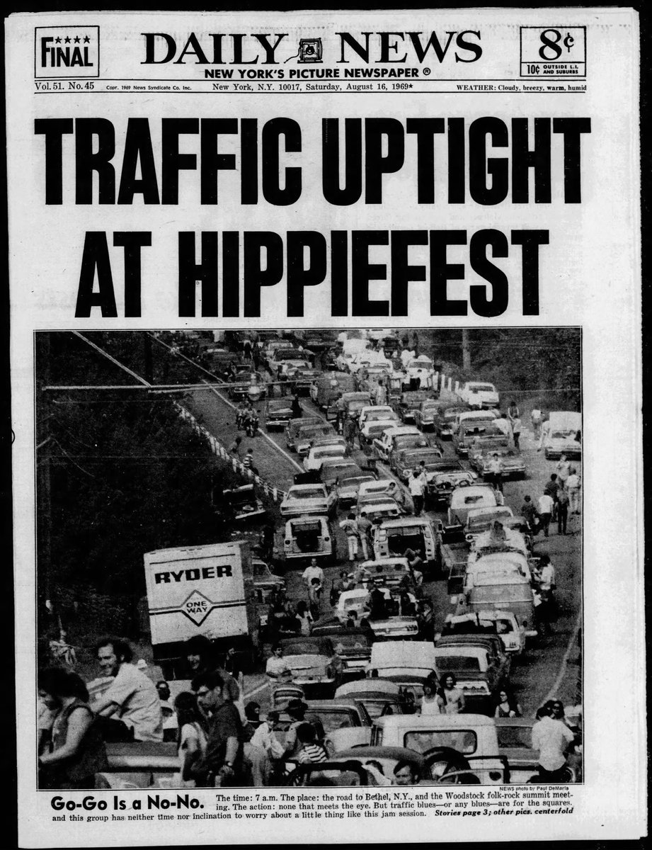 NYMammoths's tweet photo. Daily News, August 16, 1969. Happy Traffic Uptight At Hippiefest to all who celebrate. https://t.co/ru7NQrK3pd