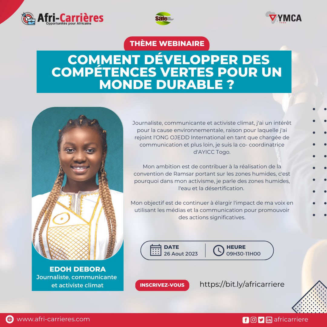 africarriere's tweet photo. Découvrez Mme @Debora_Edoh, une des panelistes,
Elle vous donne RDV le Samedi 26 Août a 9h30
Inscrivez-vous sans plus tarder : https://t.co/hqScIci23Q
Ou nous suivre en direct sur Youtube : https://t.co/4eGLPmCXPR
#africarrieres #ymcatogo #safe #competencesvertes https://t.co/kn9VNdmLNx