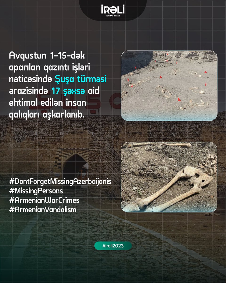 Şuşa şəhərində növbəti kütləvi məzarlıq aşkarlanıb.

Avqustun 1-15-dək aparılan qazıntı işləri nəticəsində Şuşa həbsxanası ərazisində 17 şəxsə aid olduğu ehtimal edilən insan qalıqları tapılıb.

#DontForgetMissingAzerbaijanis #MissingPersons #ArmenianWarCrimes #ArmenianVandalism