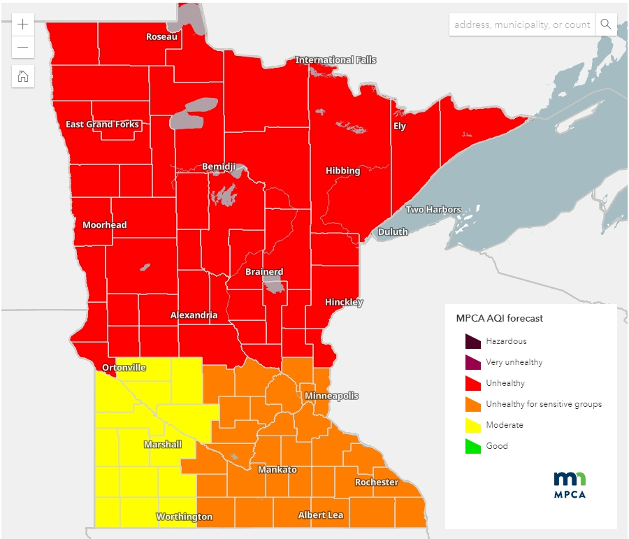 timnelson_mpr's tweet image. NOW: The Minnesota Pollution Control Agency says Minnesota may see thick wildfire smoke again on Thursday, comparable the soup ("significant smoke concentrations") we were breathing back in the summer of 2021. Map shows tomorrow's forecast. #mnwx