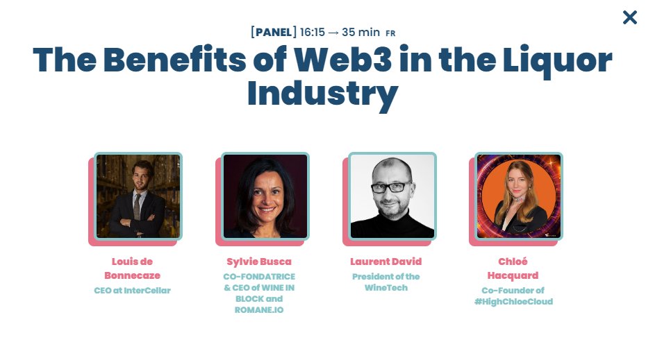 August 21st, 4:15pm CET: Panel on the benefits of Web3 in the liquor industry by <a href="/InterCellar_/">InterCellar</a> co-founder <a href="/louloudbc/">Louis de Bonnecaze</a> along with other liquor industry experts <a href="/sbusca64/">Sylvie BUSCA</a>, Laurent David, and <a href="/HighChloeCloud/">Cloud Girl ☁️ Chloé HACQUARD</a>🍷