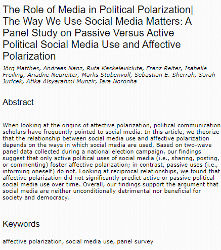 📢 New paper 📢 Just published in @IJoC_USC, Jörg Matthes + many current/former AdMe team members investigated before 2019's 🇦🇹 Nat Election how differently active and passive political social media use are related to affective polarization over time ⬇️ ijoc.org/index.php/ijoc…