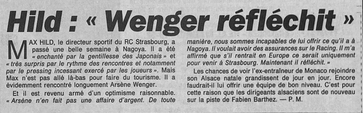 1RacingDatabase's tweet photo. @lequipe @RCSA 🗞️ Encore une pépite dans les archives. Le journal @lequipe du 12 avril 1995 indique que :

👉 Si Arsène Wenger revient en Europe, ce sera uniquement au Racing
👉 Les dirigeants veulent faire signer Fabien Barthez

#LiveRCS | #RacingDataback https://t.co/STl7FwbEeh