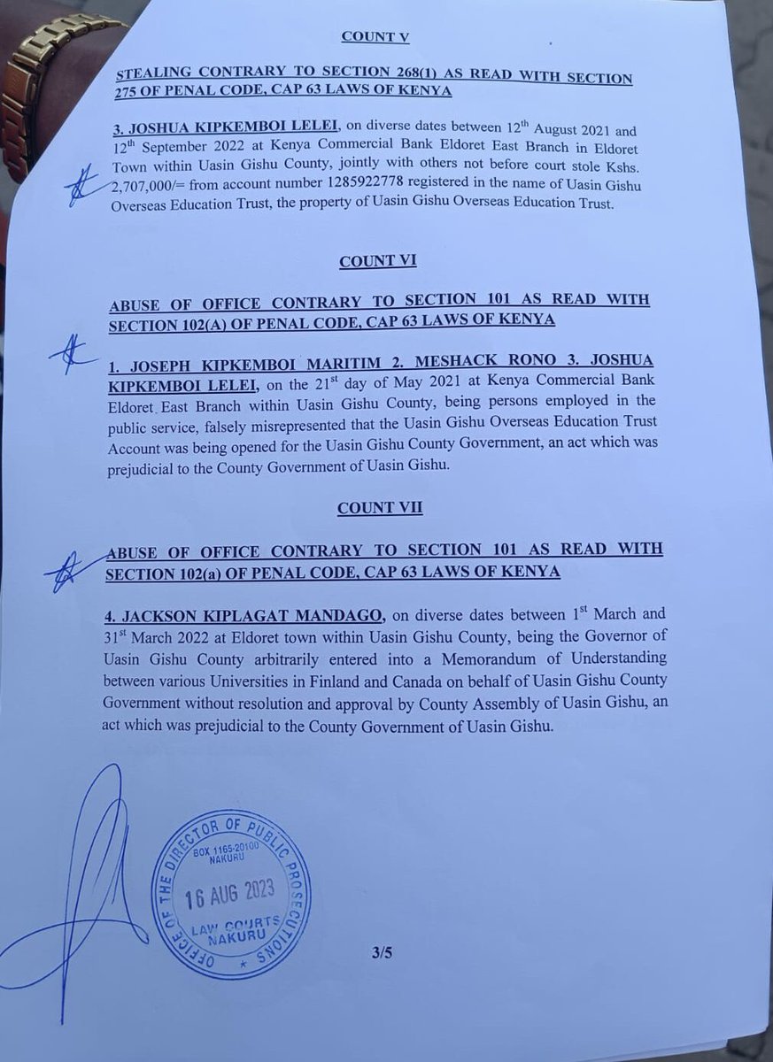 scherargei's tweet photo. The charge sheet on the Finland scholarships heist as Presented to the court of law.

H.E Ruto has stated the matter must be resolved through legal mechanisms.
The @DCI_Kenya is on the matter as it enters to the prosecution level.

The arc of moral universe is long but it finally bends towards JUSTICE.