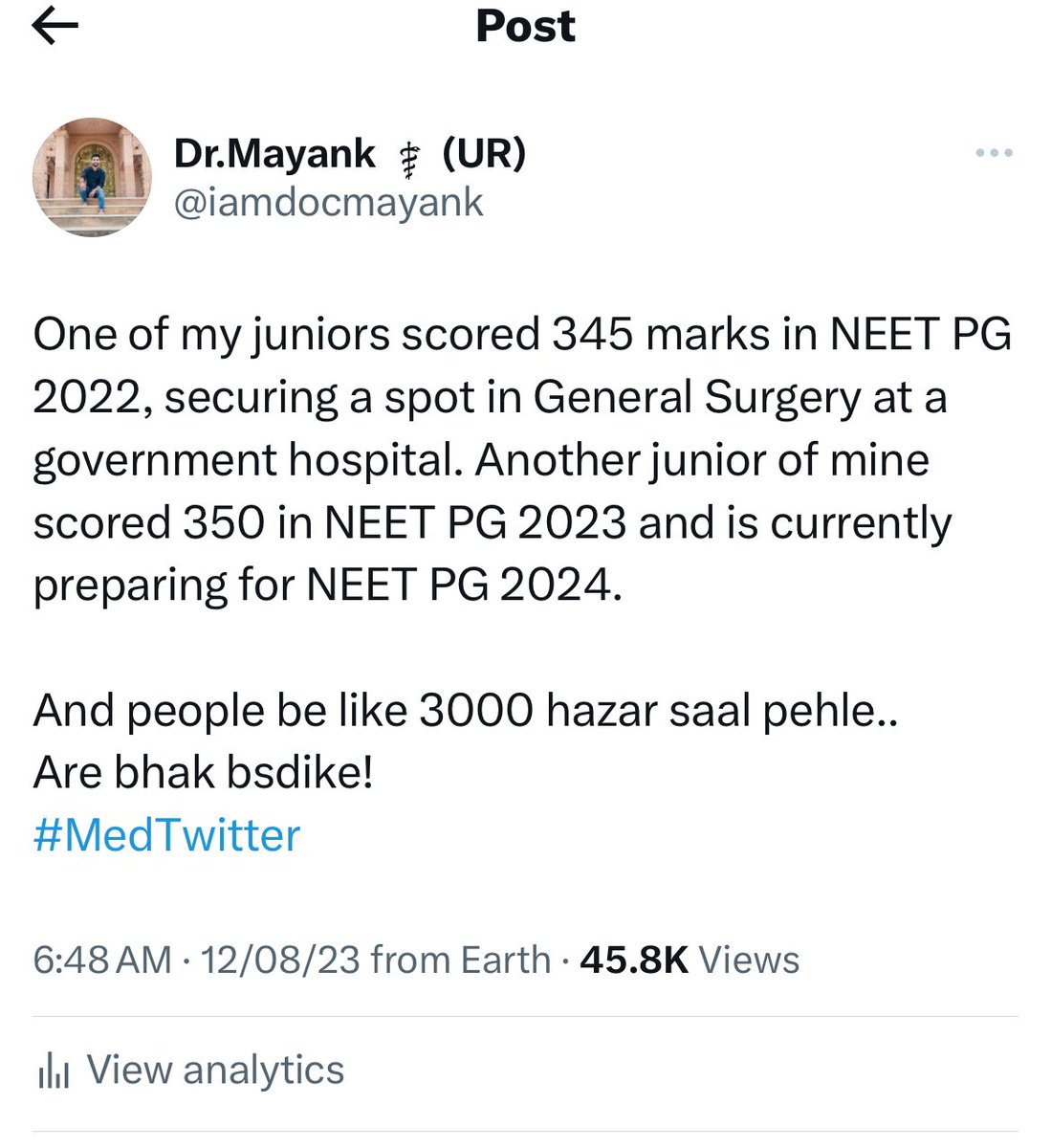 iamdocmayank's tweet photo. My tweet was seen by 45 thousand people and successfully conveyed the truth about reservation. These numbers indicate an increasing discontent with the reservation system.

#MedTwitter https://t.co/nOfquDfS4e