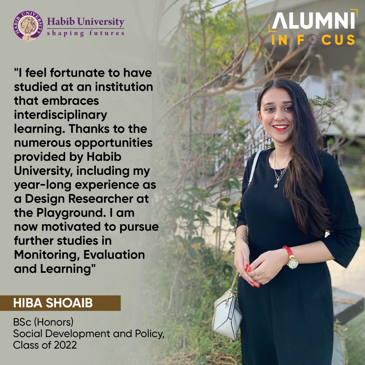 HabibUniversity's tweet photo. Congratulations to Hiba Shoaib for securing the #FulbrightScholarship at @UMich. She has also been honored with the Excellence Award. Hiba's chosen path focuses on specializing in monitoring &amp; program evaluation methods.

#HabibUniversity #ShapingFutures #AlumniInFocus #SDP https://t.co/zps6uZKPpi