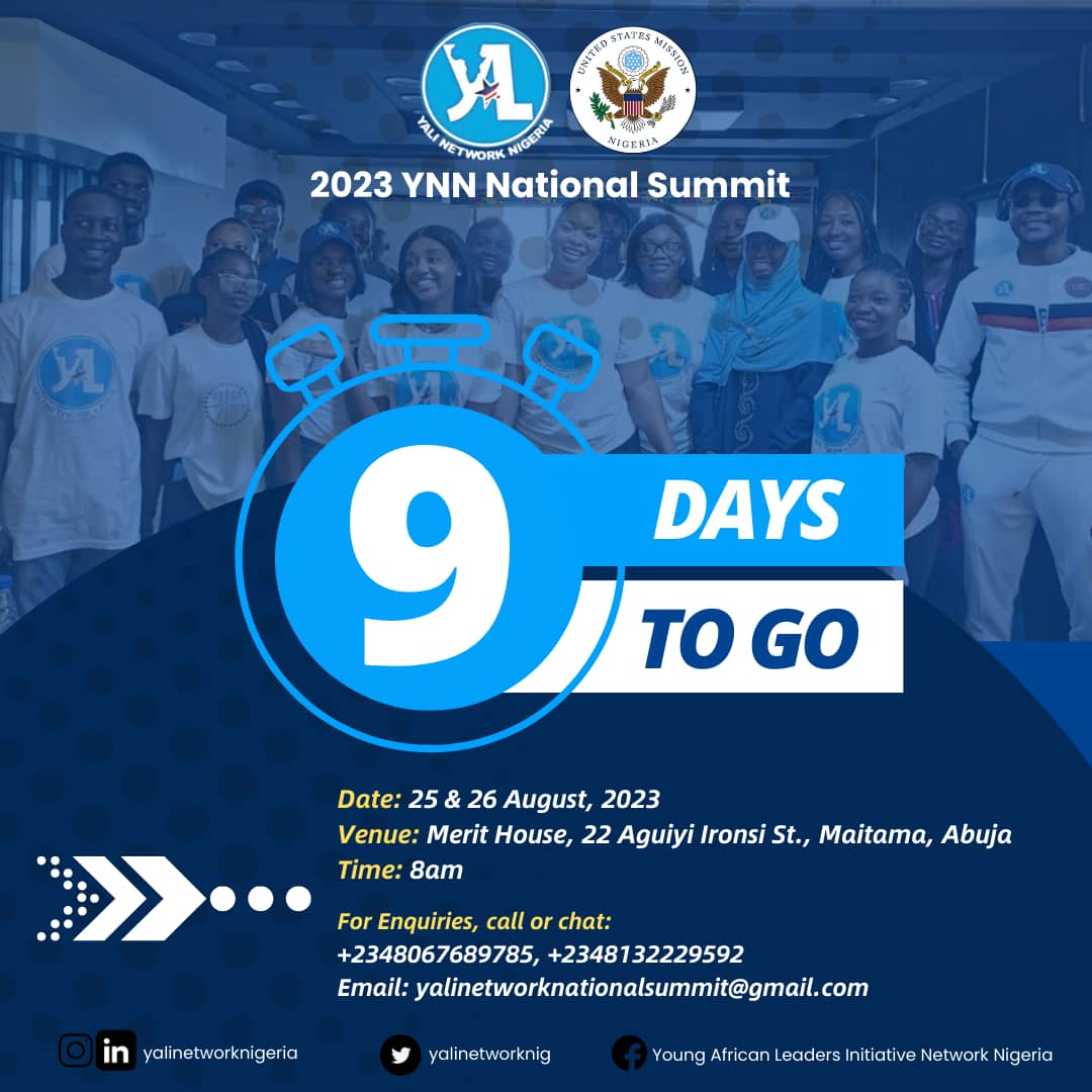 Anticipate and Plan to attend this Event!

Register now to Attend either Physically or Virtually

bit.ly/YNNNS

#YALIBeyondLimits #YNNNS2023NationalSummit #YALINetworkNigeriaNationalSummit2023 #YALINetworkNigeria