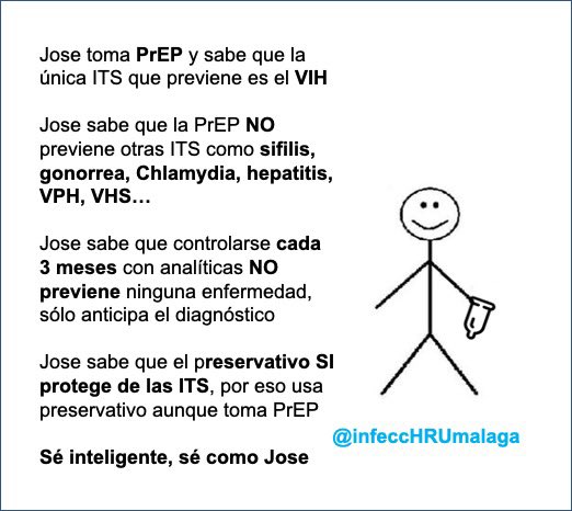 infeccHRUmalaga's tweet photo. Sorprendentemente un reciente tweet puede interpretarse como q tomar #PrEP y analíticas cada 3 meses SIN usar preservativo es la mayor protección posible… Nosotros le haríamos caso a José📸👇🏻Además 🔗a guía @GeSIDA #PrEP con recomendación uso preservativo https://t.co/r9iproKaOa https://t.co/6Em1WyXUHW