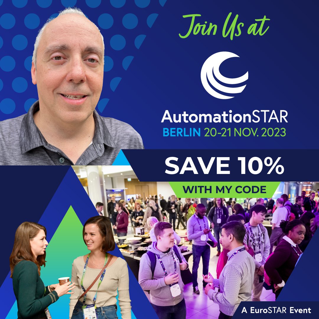 rogueautomator's tweet image. As program chair, I am pleased to offer this 10% discount code of Chris10AS for you to get your tickets to AutomationSTAR 2023! Hope to see you in Berlin! automation.eurostarsoftwaretesting.com/Tickets/ #automationstar #testautomation
@esconfs