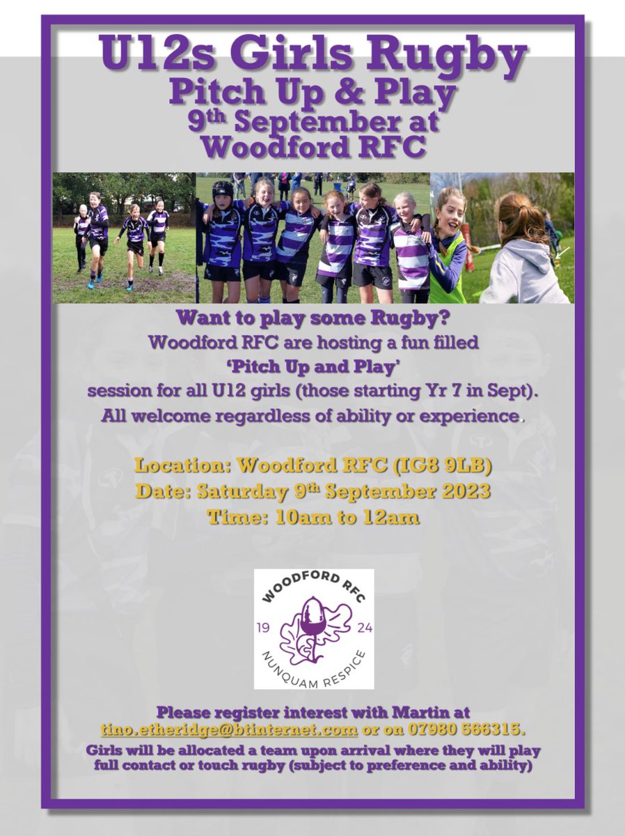 U12s Girls Rugby 'Pitch up and play' on Saturday 9th of September from 10:00-12:00!

See contact details above to register interest

#woodfordfamily #woodfordrugbyclub #woodfordrfc #rugby #rugby #londonrugby #essexrugby #rugbyunion
#grassrootsrugby #oneclub #girlsrugby