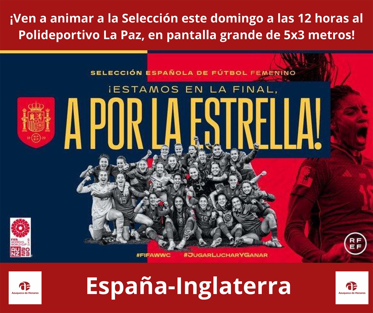 AytoAzuqueca's tweet photo. @AytoAzuqueca instalará una pantalla gigante, de 5 por 3 metros, en el polideportivo La Paz para la final de la Copa del Mundo de fútbol ⚽femenino entre España e Inglaterra, el domingo, a partir de las 12 horas. Entrada libre. https://t.co/DPWX2DYNiT