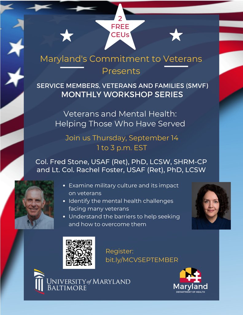 Maryland's Commitment to Veterans presents 'Veterans and Mental Health: Helping Those Who Have Served', a virtual webinar, on Thursday, September 14th from 1 to 3 p.m.

Register today at edgereg.net/er/Registratio…

#VeteransMentalHealth #Maryland #MarylandVeterans