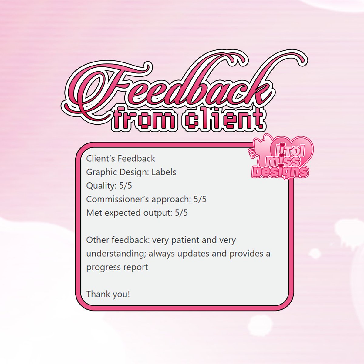 litolmissjelly's tweet photo. Client’s feedback ! 🏷️#litolmissdesignsfeedbacks
visit my website to inquire and commission ! https://t.co/ZCUpU4O7ew
#litolmissdesigns #graphicdesigncommission #graphicdesign #commission #litolmissdesignscomms https://t.co/i4a0KKuT0n