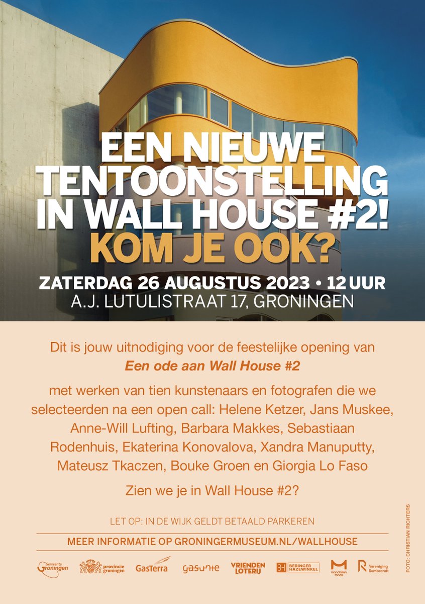 🥳 Bijna tijd voor een feestje! Op zaterdag 26 augustus om 12.00 uur opent onze nieuwe tentoonstelling 'Een ode aan Wall House #2'. Kom je ook?