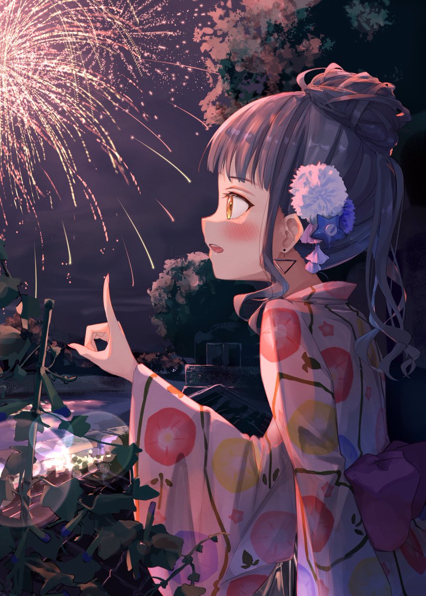 1girl fireworks japanese clothes kimono solo night blush  illustration images