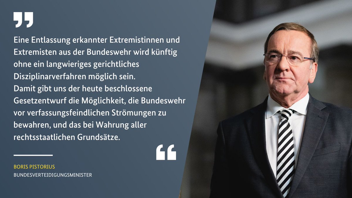 BMVg_Bundeswehr's tweet photo. Verfassungsfeindliche Bestrebungen finden in der Bundeswehr keinen Platz: Das #Bundeskabinett hat heute einen #Gesetzentwurf beschlossen, nach dem Extremist|innen künftig schneller mittels Verwaltungsakt aus der #Bundeswehr entlassen werden können. https://t.co/XfnlMZvAjR