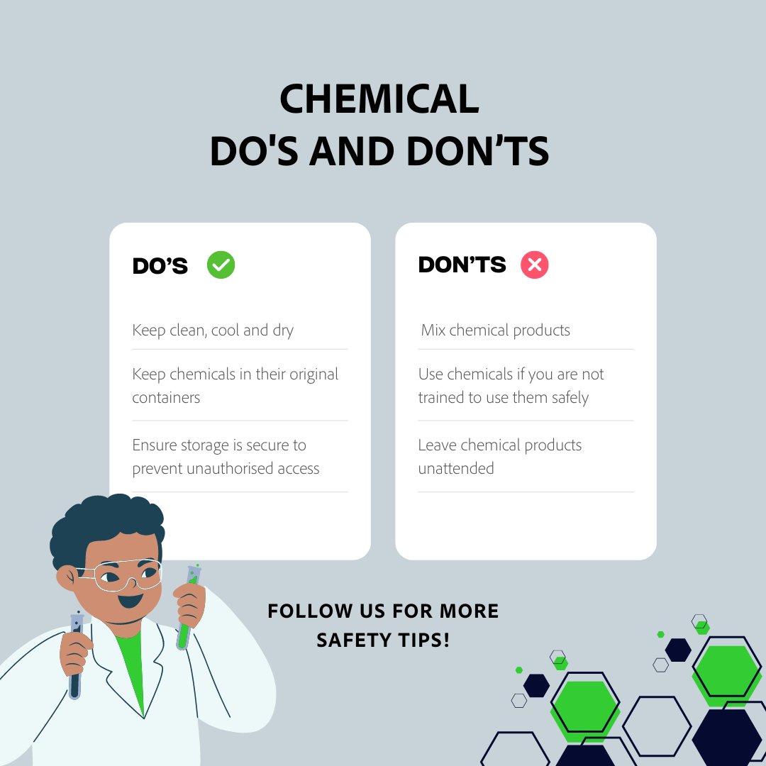 Chemical Do's and Don'ts! When handling chemicals, follow these guidelines to protect yourself and your environment. #ChemicalSafety #SafetyTips #HealthAndSafety #SafetyFirst