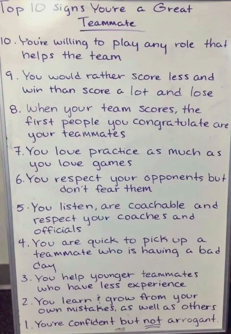 Jamy Bechler (@coachbechler) on Twitter photo GREAT TEAMS HAVE GREAT TEAMMATES
Top-10 Signs You're a Great Teammate
~ via <a href="/DrewMaddux/">Drew Maddux</a> GREAT TEAMS HAVE GREAT TEAMMATES
Top-10 Signs You're a Great Teammate
~ via <a href="/DrewMaddux/">Drew Maddux</a>