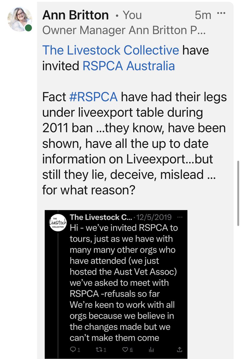 1/2 <a href="/RSPCA/">RSPCA Australia</a> on #LinkedIn …they continue to mislead…<a href="/livestock_the/">The Livestock Collective</a> have invited them…showed them…corrected them …&amp; they still are “cruel &amp; unfixable” where #liveexport have proved to be absolute opposite…&amp; #RSPCA refuse to acknowledge that fact…why?