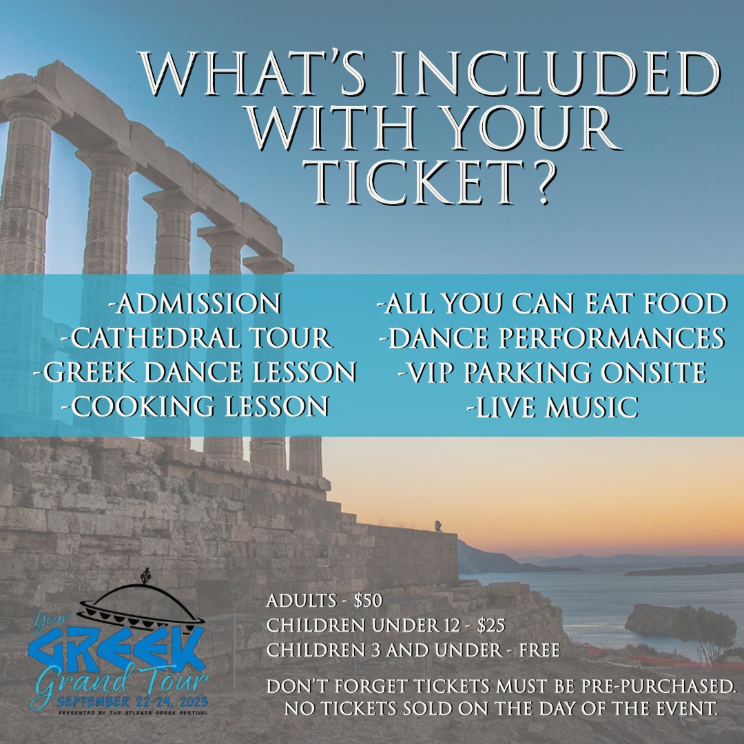 ATLGreekFest's tweet photo. Get ready to embark on a once-in-a-lifetime journey through the fascinating world of Greek culture, cuisine, and tradition! With your ticket to Your Greek Grand Tour you get to do it all!

https://t.co/80a4zHV6VM https://t.co/ueyI4C19uH