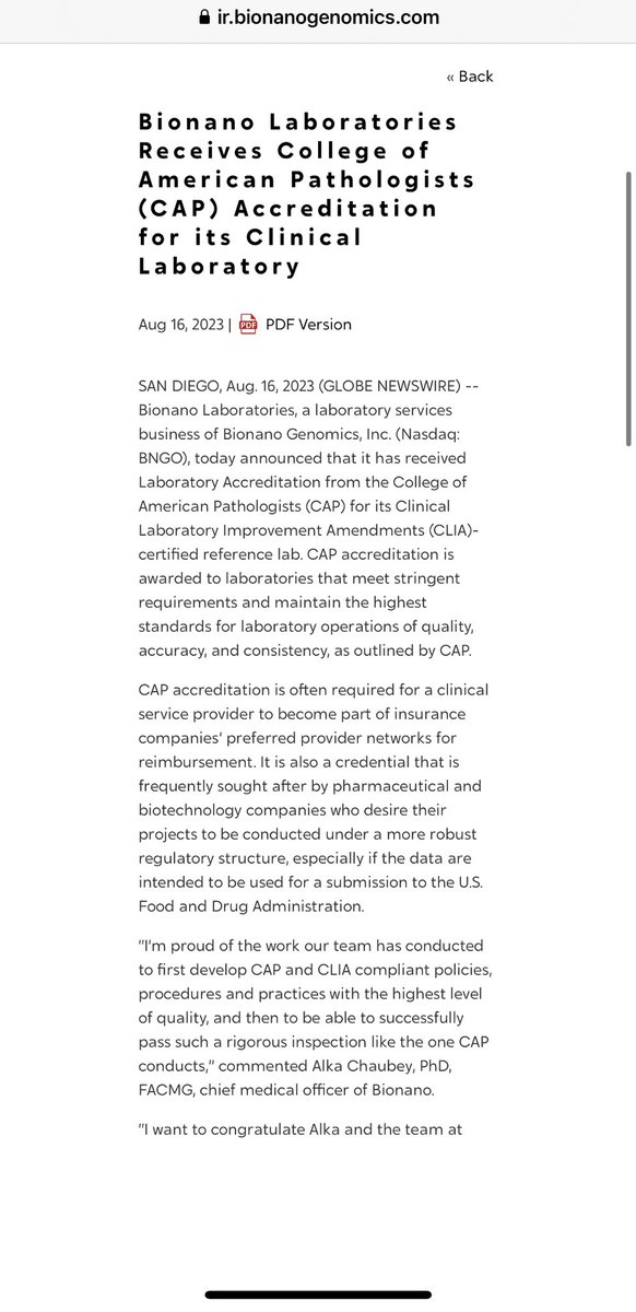 ciscojmd's tweet photo. $BNGO 📣🔥PR NEWS DROP: Bionano Laboratories Receives College of American Pathologists (CAP) Accreditation for its Clinical Laboratory (This would be some good news) #BNGO #Bionano #OGM #CAP 

SAN DIEGO, Aug. 16, 2023 (GLOBE NEWSWIRE) -- Bionano Laboratories, a laboratory services business of Bionano Genomics, Inc. (Nasdaq: BNGO), today announced that it has received Laboratory Accreditation from the College of American Pathologists (CAP) for its Clinical Laboratory Improvement Amendments (CLIA)-certified reference lab. CAP accreditation is awarded to laboratories that meet stringent requirements and maintain the highest standards for laboratory operations of quality, accuracy, and consistency, as outlined by CAP.

https://t.co/K3XMoyi7Nb