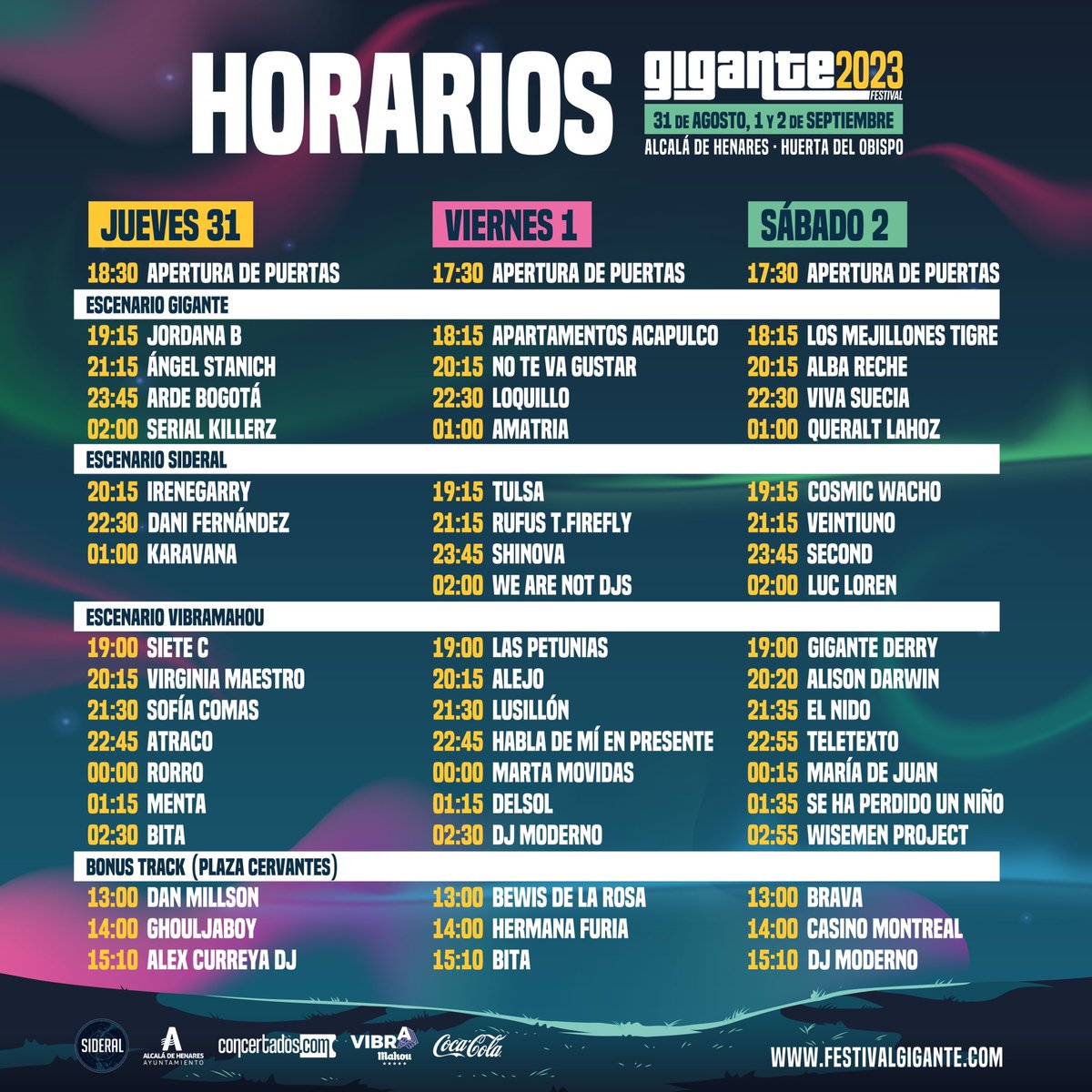 FestivalGigante's tweet photo. 📍 HORARIOS GIGANTE 2023.

Ya tenéis aquí el orden de actuaciones por días y escenarios de nuestros artistas.

Este año, como novedad, el #GiganteBonusTrack será en horario vermú y en la Plaza Cervantes de #AlcaláDeHenares.
¡Qué mejor forma de comenzar cada día el festi! https://t.co/Tlizi4SF4r