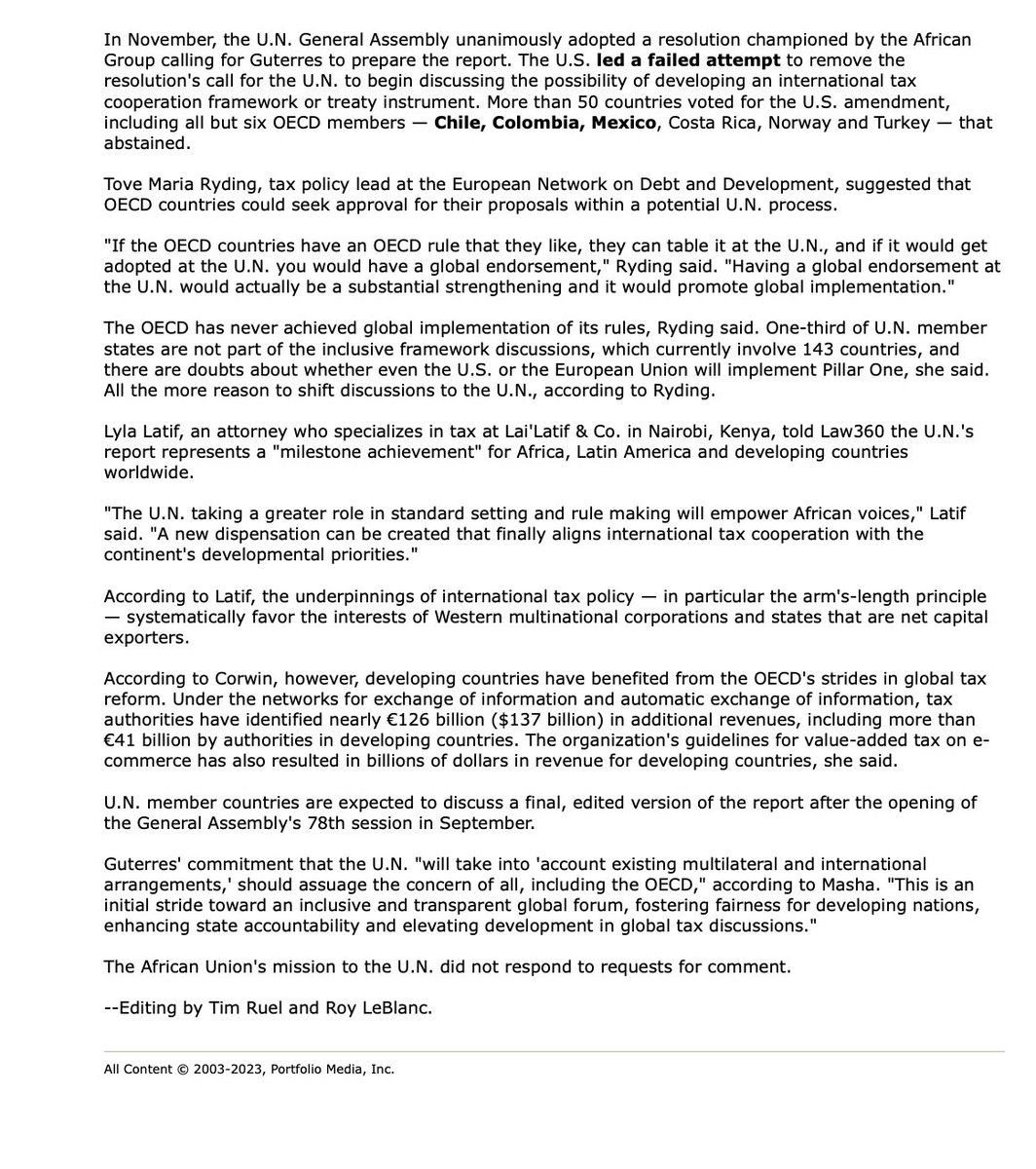 #international #tax #reform is going to get hotter. Do you agree? #TaxTwitter I shared some views @Law360 on the #UNSG's report on 'promotion of inclusive and effective international #tax #cooperation at the #unitednations' - snaps attached. But, there's alot more👇