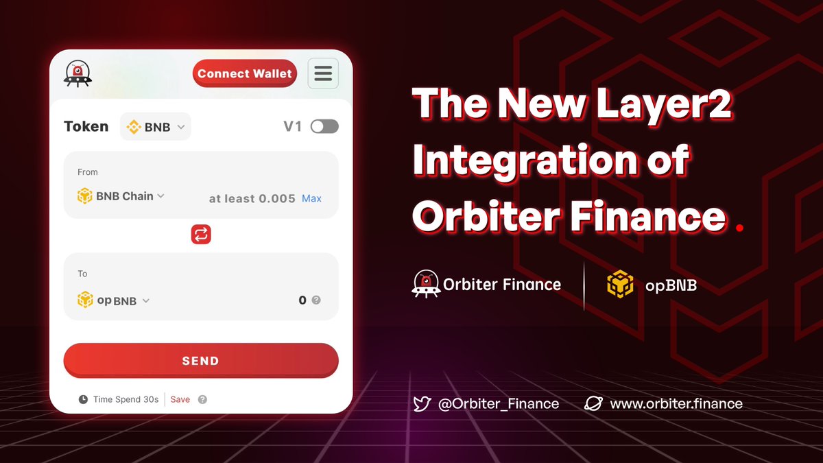 🛸 The new integration!
📢 Can't wait to announce that we have integrated the #opBNB mainnet! <a href="/BNBCHAIN/">BNB Chain</a> 🎉
Now you can transfer up to 10 #BNB from #BSC to opBNB and 5 #BNB from opBNB to #BSC via orbiter.finance.
Have fun. 😆
🙋 Take the flight to opBNB:
