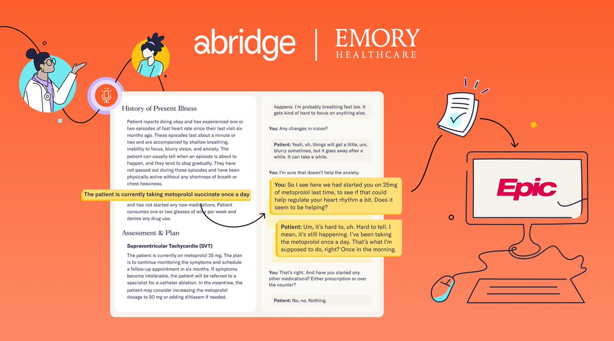 AbridgeHQ's tweet image. Abridge is the first Pal selected for Epic's new Partners and Pals program. The deep integration aims to help providers be more present and attentive to patients while also creating better notes, faster: businesswire.com/news/home/2023…