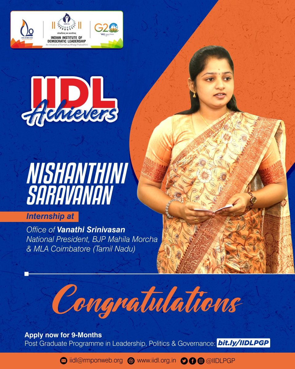 iidlpgp's tweet photo. #IIDL-Indian Institute of Democratic Leadership’s Batch 6 student -@Nishanthini0909 is an Intern at Office of @VanathiBJP, National President @BJPMahilaMorcha

You can be one of the #IIDLAchievers too

Apply now to #JoinIIDL's PGP 2023-24 Batch➡️ https://t.co/MN4lJeNlG0

#IIDLPGP https://t.co/upccjK1QlI