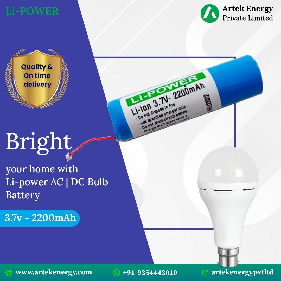 ArtekEnergy's tweet photo. Brighten your home with Li-power AC | DC Bulb Battery
(3.7v–2200mAh)
.
Get in touch now! 📲
+919354443010
Visit: https://t.co/eIEcRRX4Tl
.
.
#acdcbulb #bulb #artekenergy #battery #charging #lithium #power #artek #energy #solar #manufacturing
#india #noida #lipower #manufacturer https://t.co/ZWWBdJ2fwn
