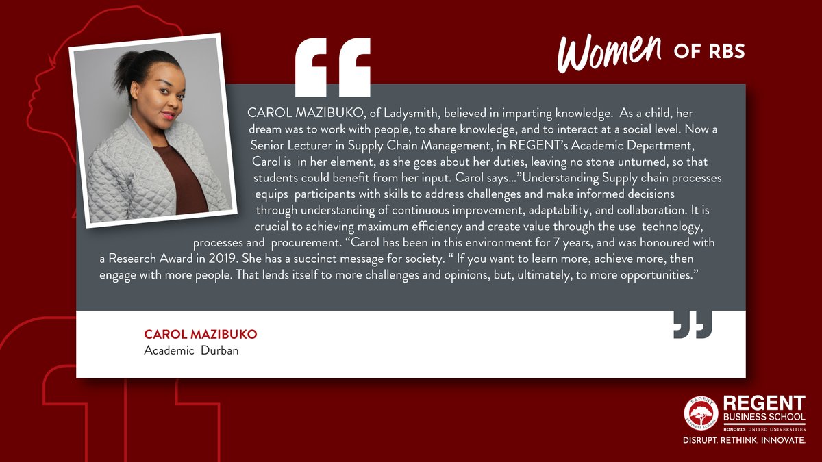 🌟#WomensMonth Spotlight: Carol Mazibuko! From Ladysmith to Senior Lecturer in Supply Chain Management at Regent's Academic Department, Carol's dedication earned her a Research Award in 2019. 🏆👩‍🎓

 #EducationForImpact #BeTheFuture #WomensDay