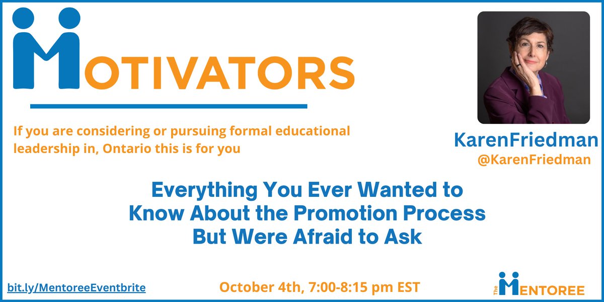 Preparing for a formal leadership role in #OntEd? @KarenFriedman provides important guidance that applies across school boards for anyone preparing for promotion processes: #viceprincipal, #principal, #superintendent, #consultant. Learn more and register bit.ly/MentoreeEventb…