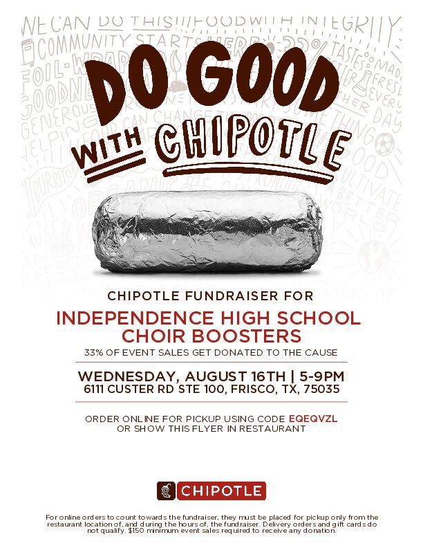 andibab's tweet image. Tonight is the night! Don’t cook dinner, hit up Chipotle (Custer/121) for dinner from 5-9 pm in support of IHS Choir. 🎶 Use promo code EQEQVZL online or in-store @KnightSingers @IHSFrisco